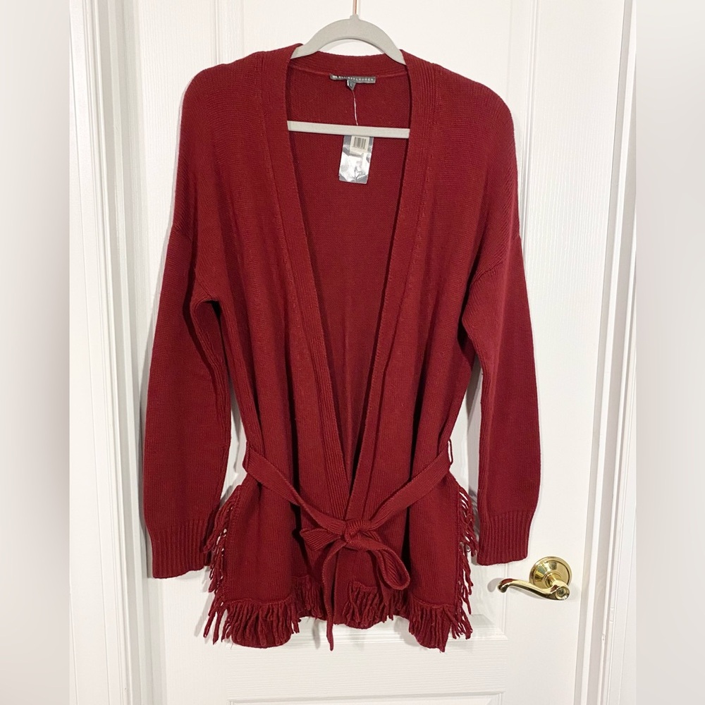 Elliott Lauren Fringe Hem CASHMERE Touch Belted Cardigan Burgundy Size Large